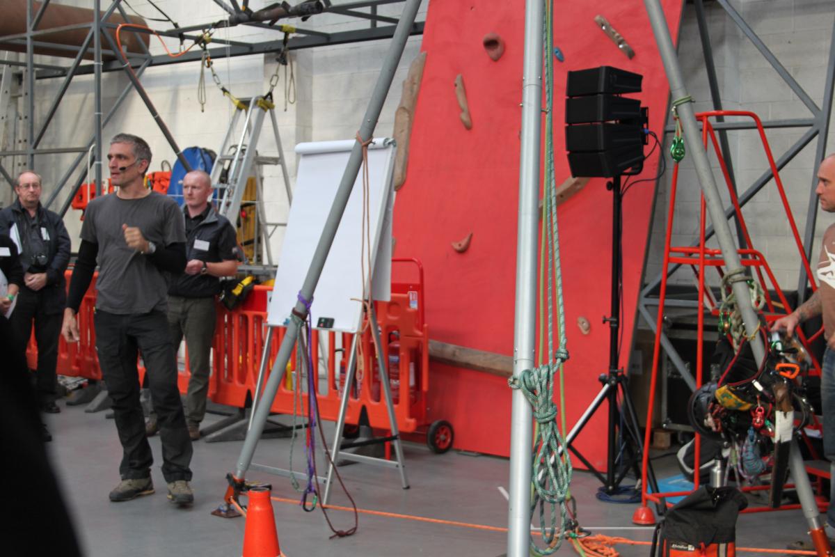 Daniel Rogers lecturing and demonstrating several different safety techniques when using tree surgery equipment