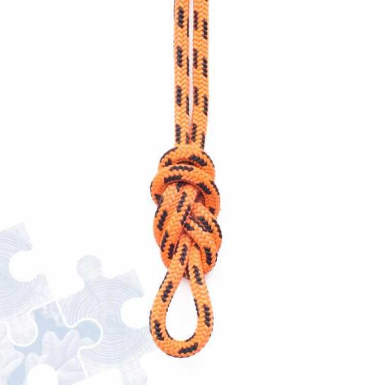 Orange rope showing final step of creating a Double figure of Eight knot